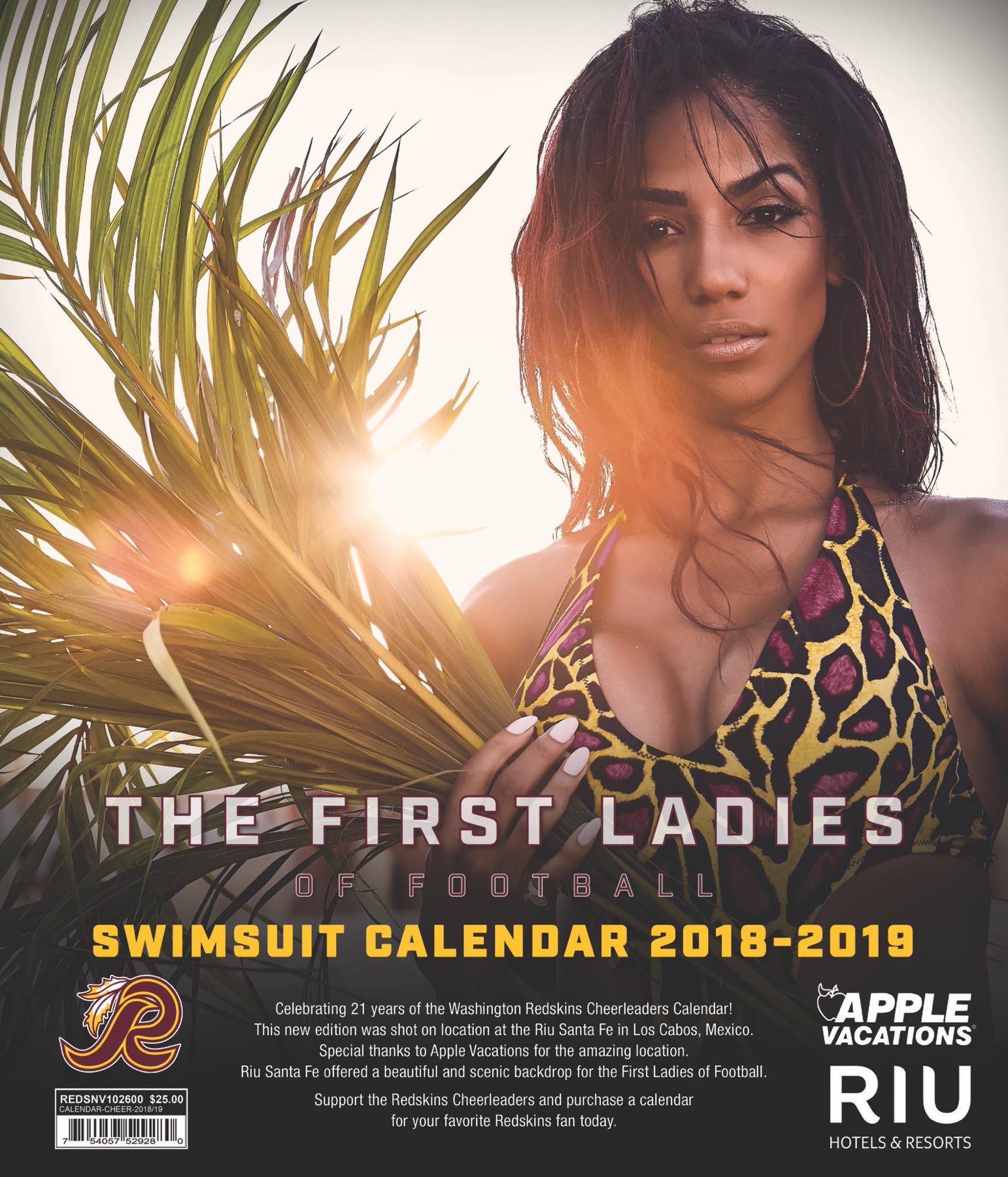 Cover of the Washington Redskins Cheerleaders 2018–19 swimsuit calendar featuring Christal with palm fronds at sunset, shot in Los Cabos