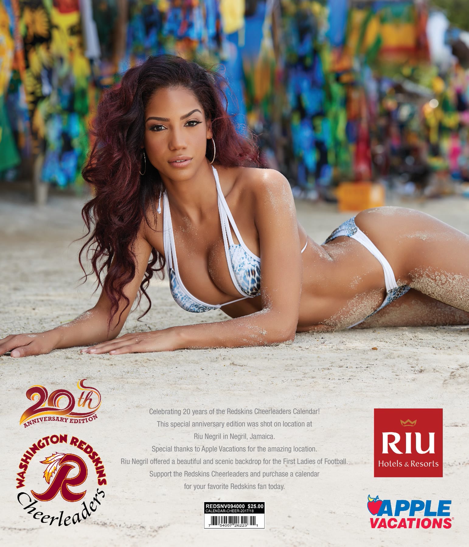 Back cover of the Washington Redskins Cheerleaders 20th anniversary swimsuit calendar featuring Christal on the beach in Negril, Jamaica