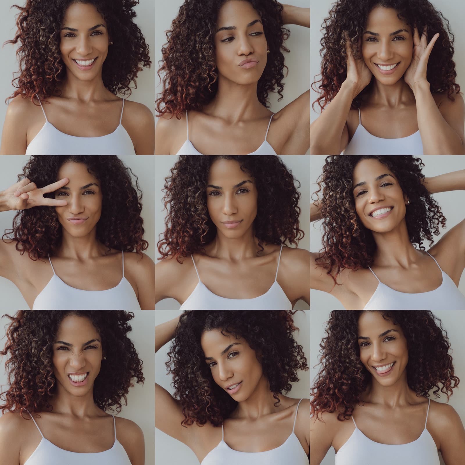 Nine frame grid of natural light digitals: Christal with curly hair in a white camisole, smiling and posing against a light wall